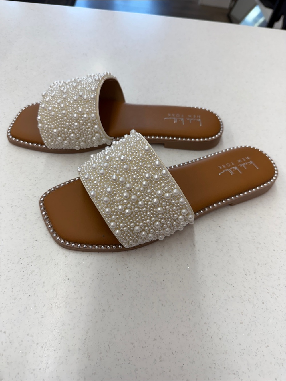 Nicole Miller White Pearl Embellished Slide Sandals - Picture 4 of 4